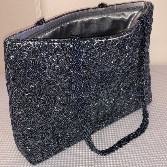 Silver Beaded Bag Braided Double Handle 3-D Floral Pattern Satin Lined 12”x8”x3” - Picture 12 of 17